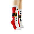 Pair of Santa Suit socks on mannequin legs, showcasing the design from the front.