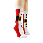 Pair of Santa Suit socks on mannequin legs, showcasing the design from the front.