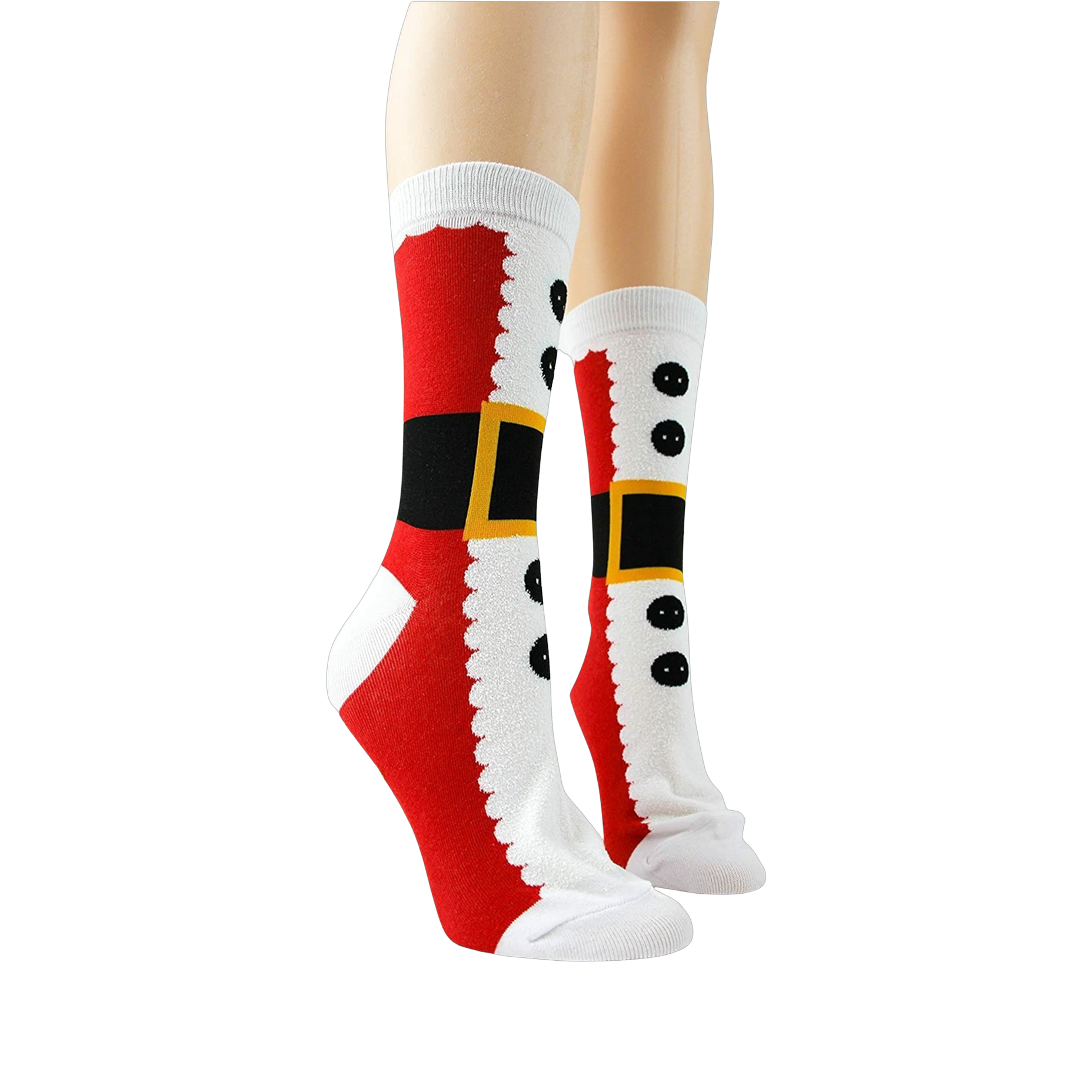 Pair of Santa Suit socks on mannequin legs, showcasing the design from the front.