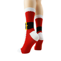 Back view of Santa Suit socks on mannequin legs, showing the full design.