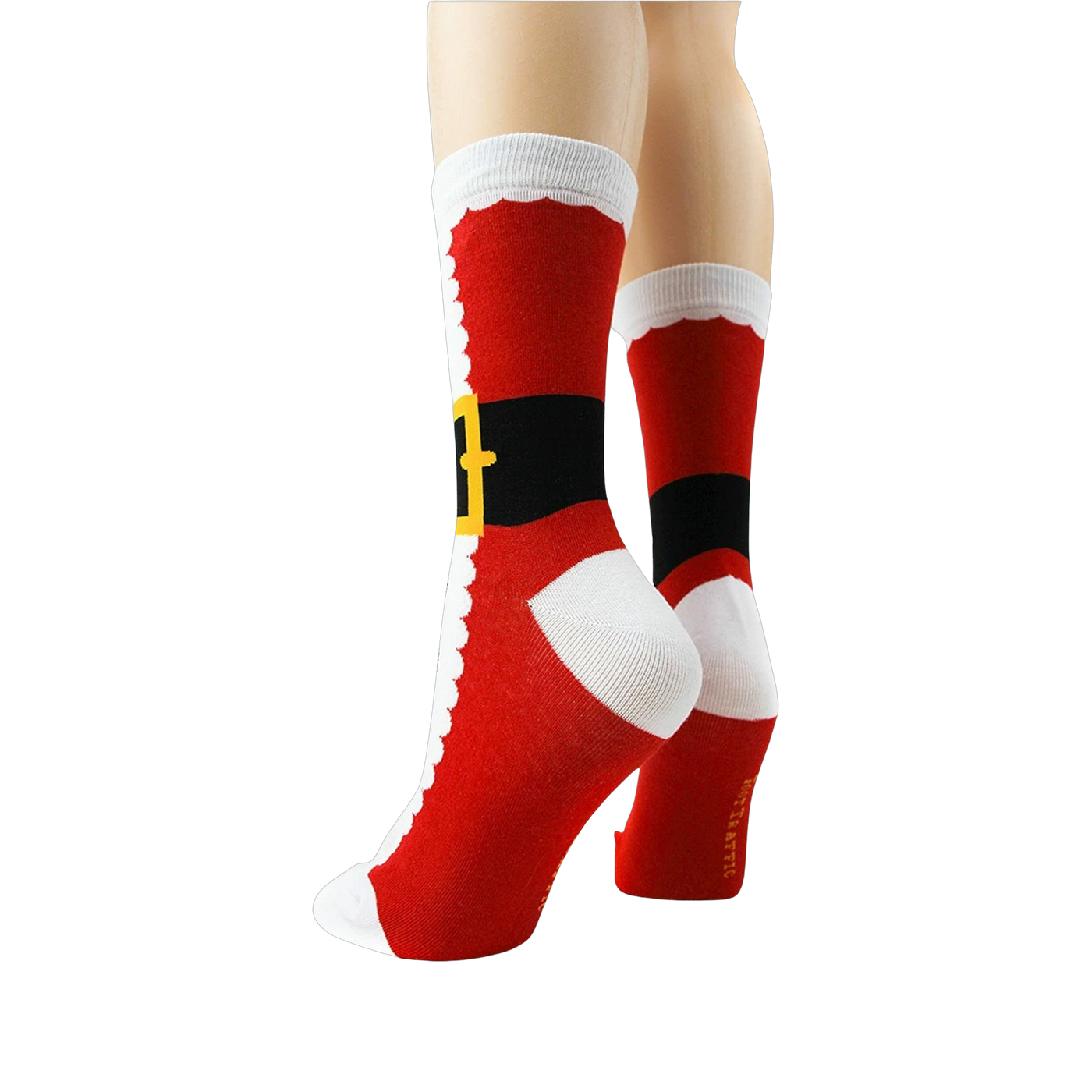 Back view of Santa Suit socks on mannequin legs, showing the full design.
