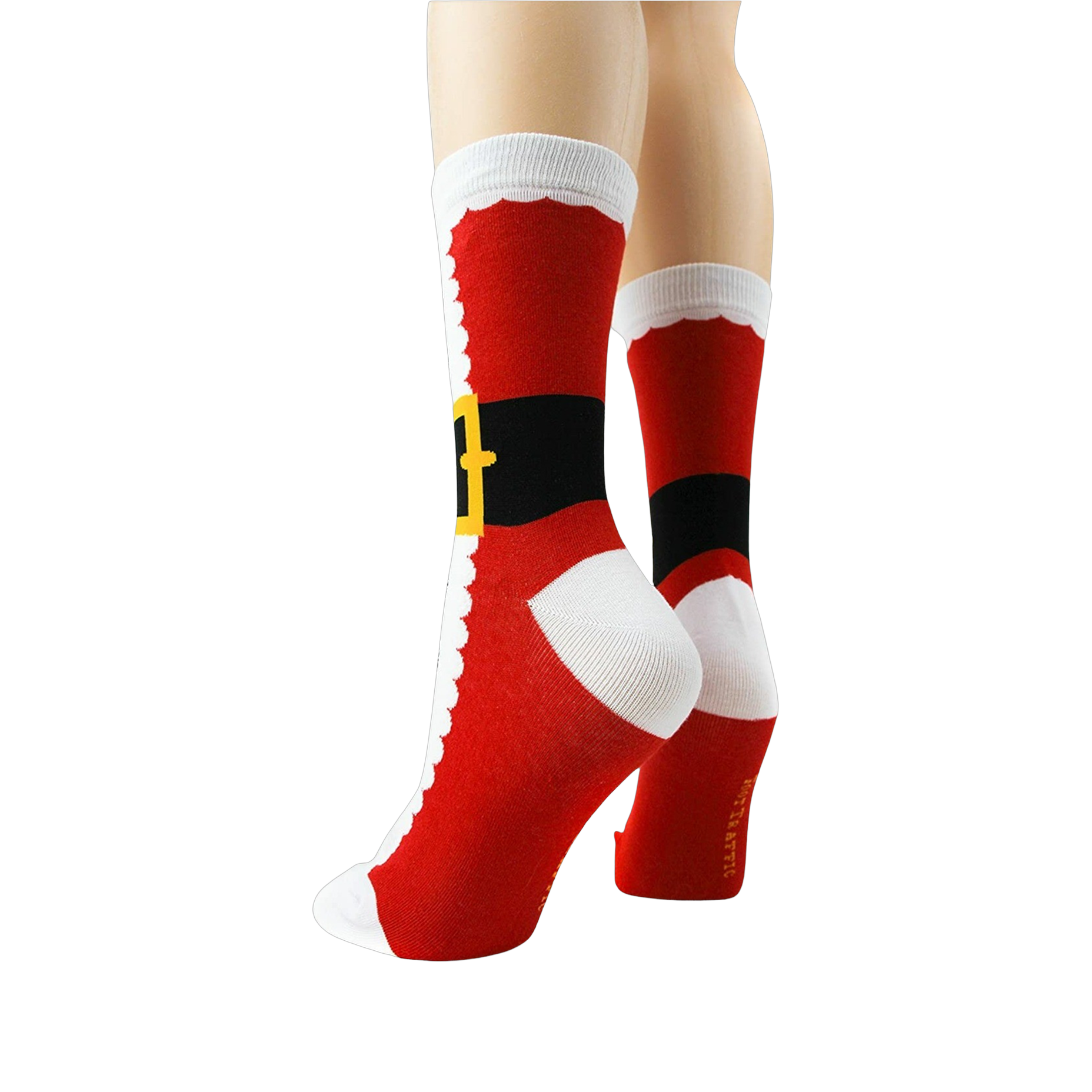 Back view of Santa Suit socks on mannequin legs, showing the full design.