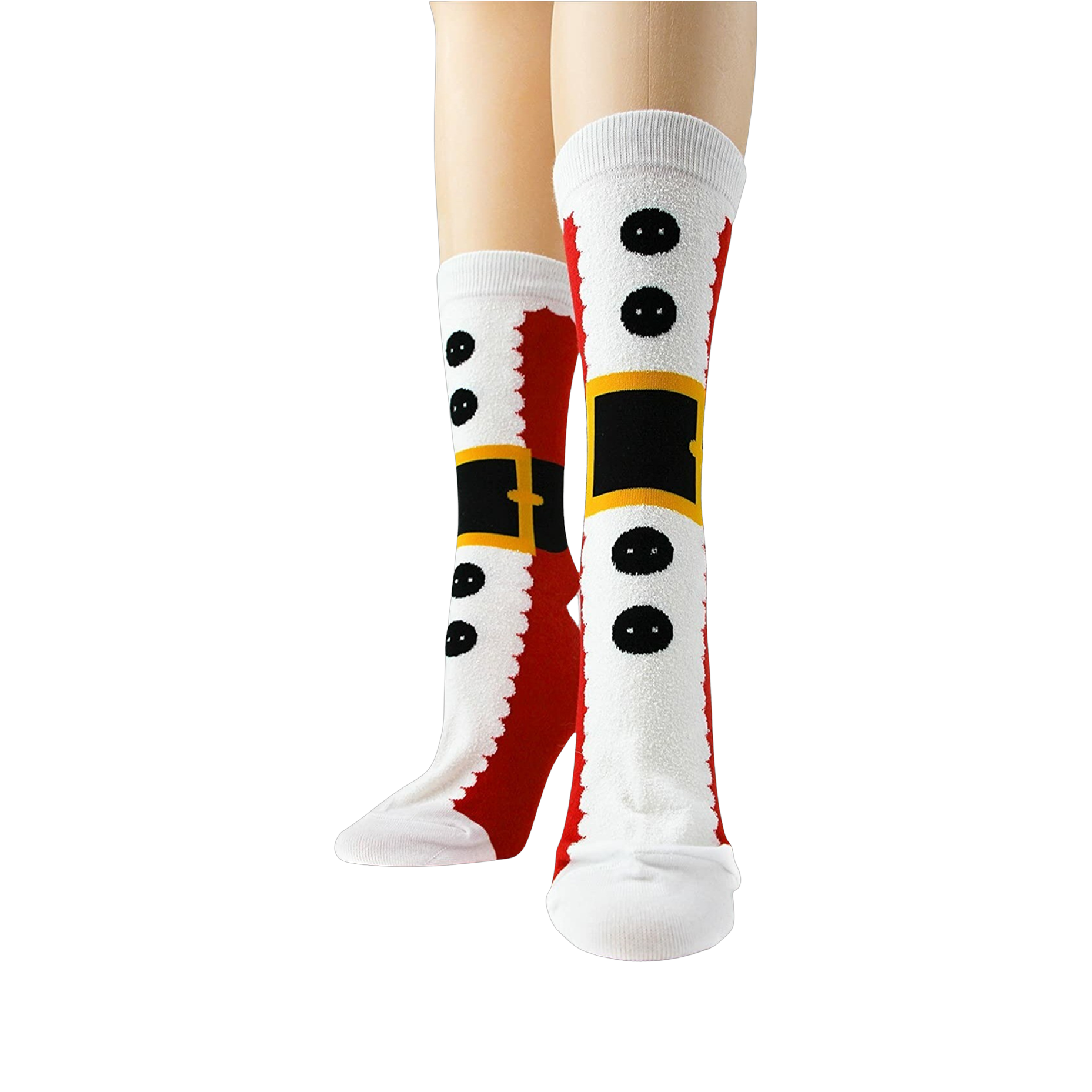 Close-up shot of a pair of Santa Suit socks, emphasizing the design details.