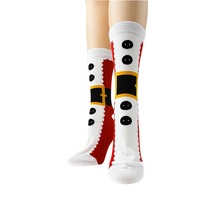 A pair of red socks with white trim at the top and a black band with a yellow buckle design. The socks have a white sole and the words 