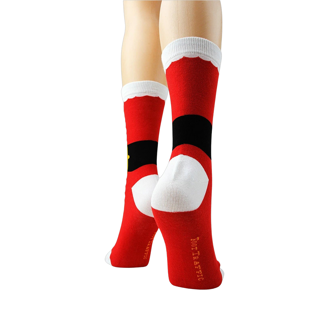 Another back view of the socks on mannequin legs, showcasing the sock's branding.