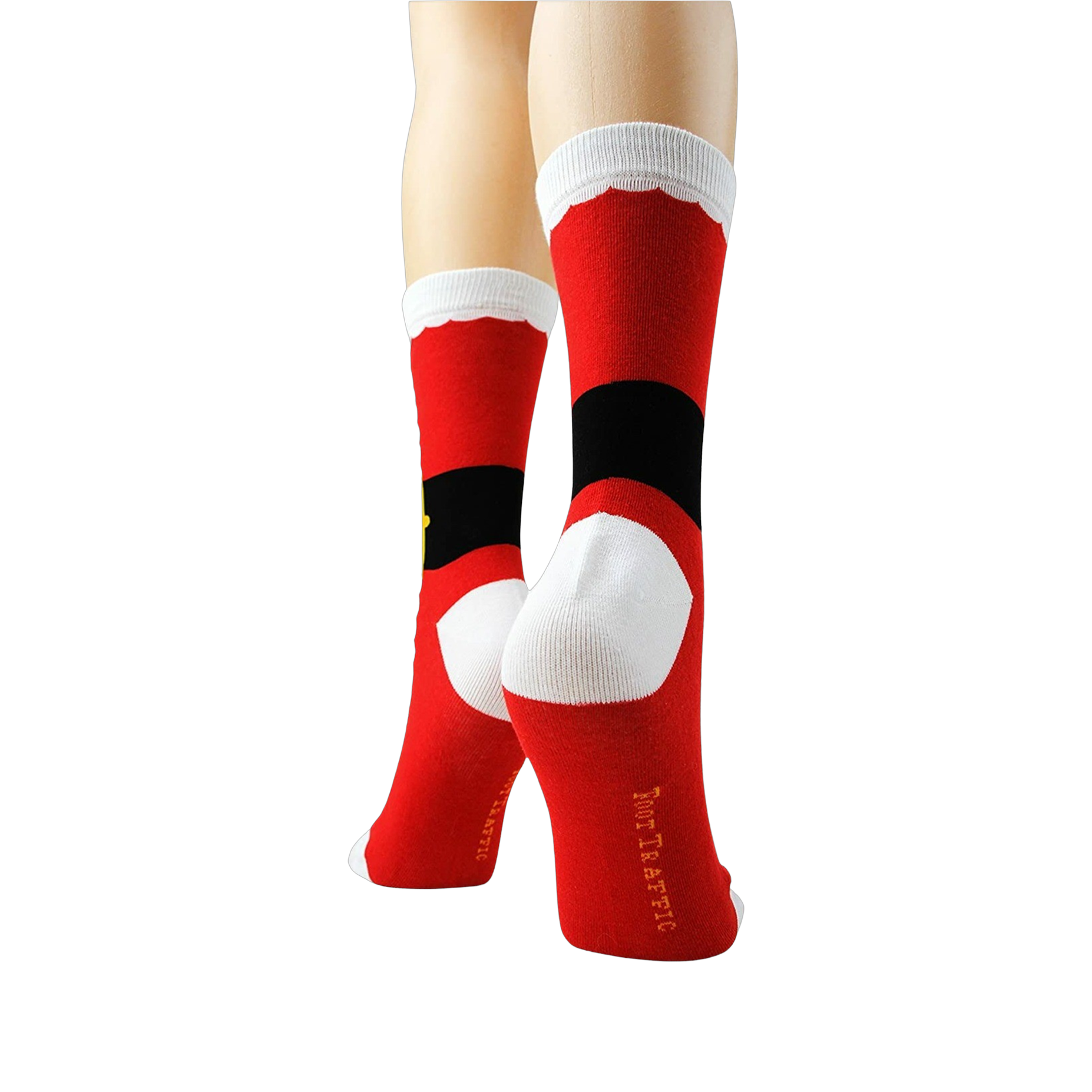 Another back view of the socks on mannequin legs, showcasing the sock's branding.