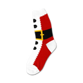 A close-up of a single Santa Suit sock. It's red and white with a black belt and gold buckle, plus faux buttons.