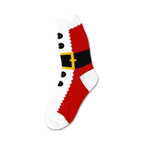 A close-up of a single Santa Suit sock. It's red and white with a black belt and gold buckle, plus faux buttons.
