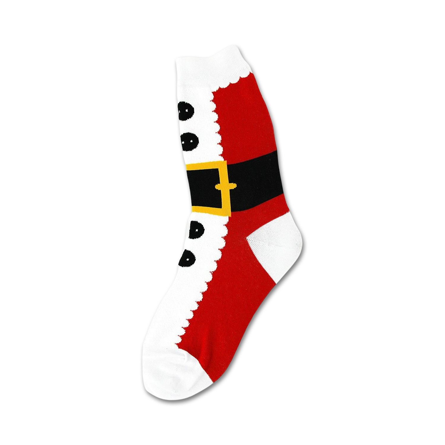 A close-up of a single Santa Suit sock. It's red and white with a black belt and gold buckle, plus faux buttons.