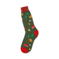 Crew socks in olive green with red and orange accents.  Features a whimsical camping scene with tents, campfires, and camper vans.