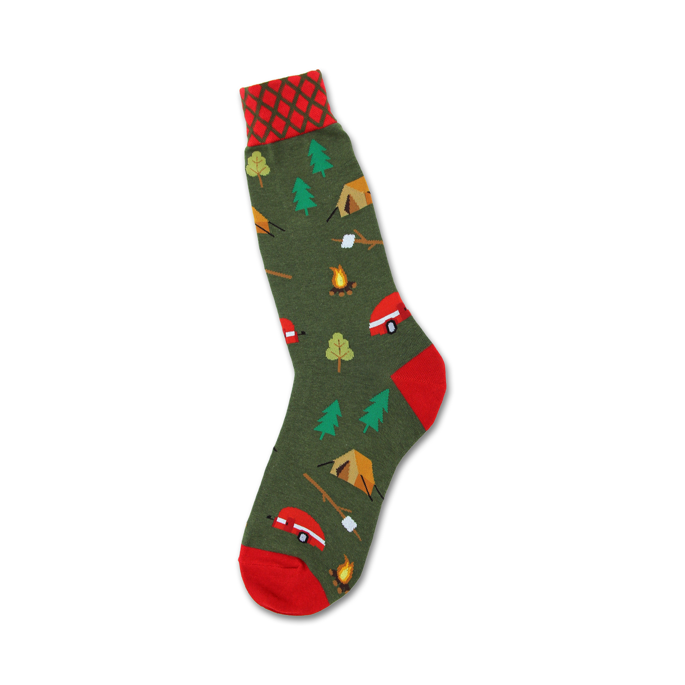 Crew socks in olive green with red and orange accents.  Features a whimsical camping scene with tents, campfires, and camper vans.