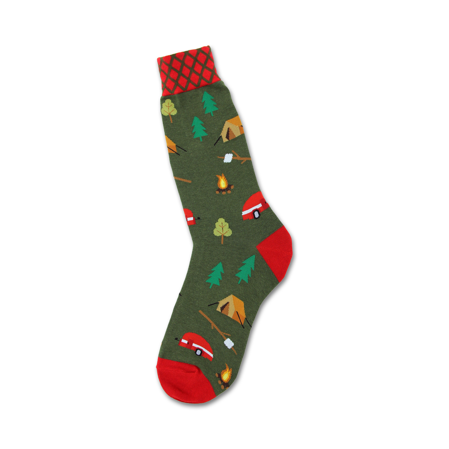 Crew socks in olive green with red and orange accents.  Features a whimsical camping scene with tents, campfires, and camper vans.