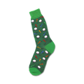Green crew socks with a pattern of colorful golf tees and white golf balls.  Perfect for golf lovers!