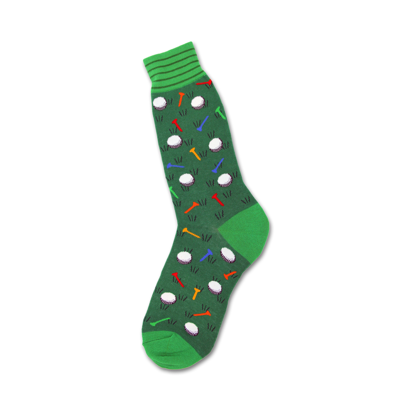 Green crew socks with a pattern of colorful golf tees and white golf balls.  Perfect for golf lovers!