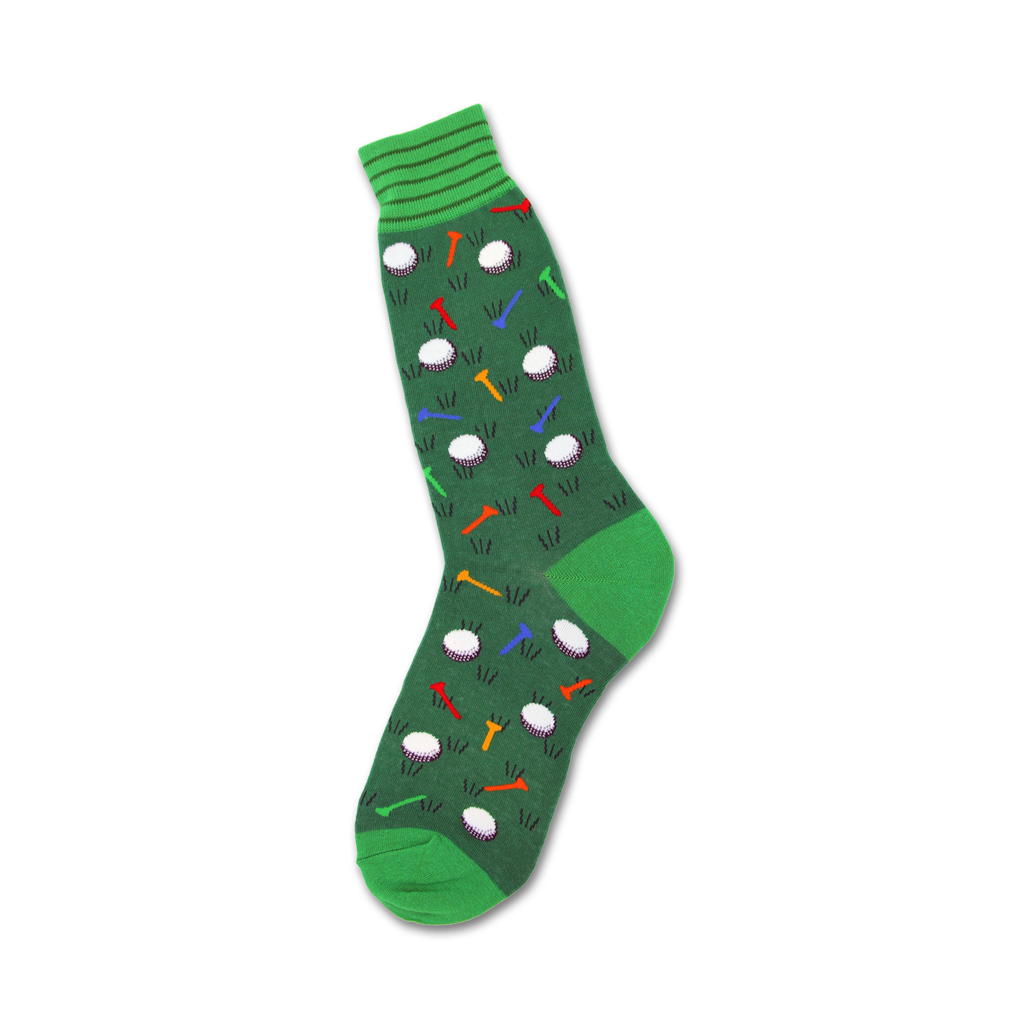 Green crew socks with a pattern of colorful golf tees and white golf balls.  Perfect for golf lovers!