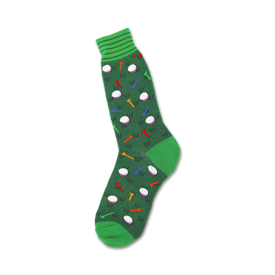 mens crew length golf themed socks embroidered with multicolored golf balls and tees.    