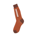 Brown crew socks with a white football lacing design on the side. The toe and cuff are a darker brown.