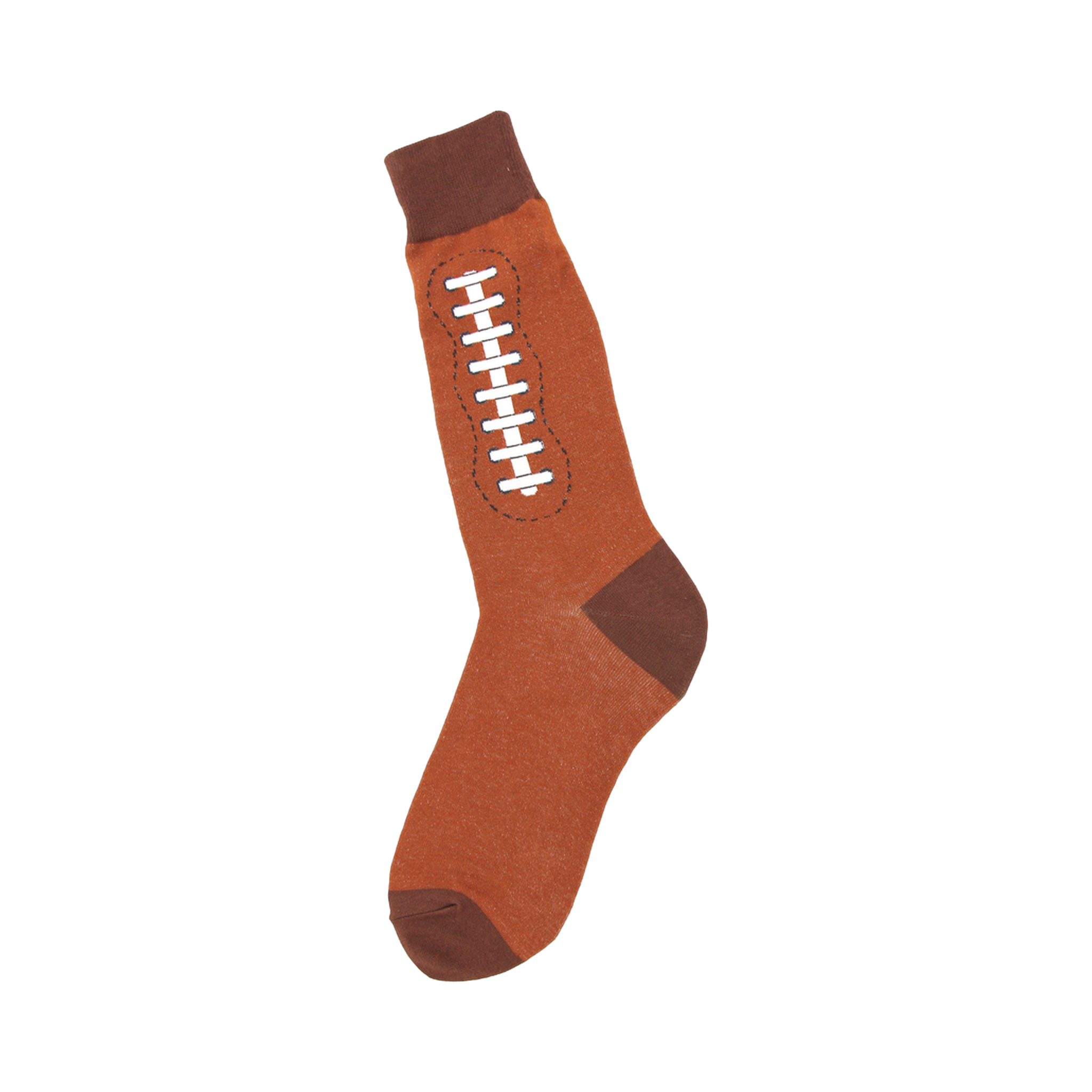 Brown crew socks with a white football lacing design on the side. The toe and cuff are a darker brown.