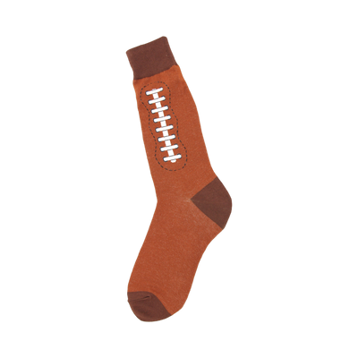 Brown crew socks with a white football lacing design on the side. The toe and cuff are a darker brown.