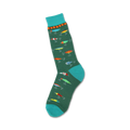 Green crew socks with a teal cuff, adorned with a pattern of colorful fishing lures and hooks.