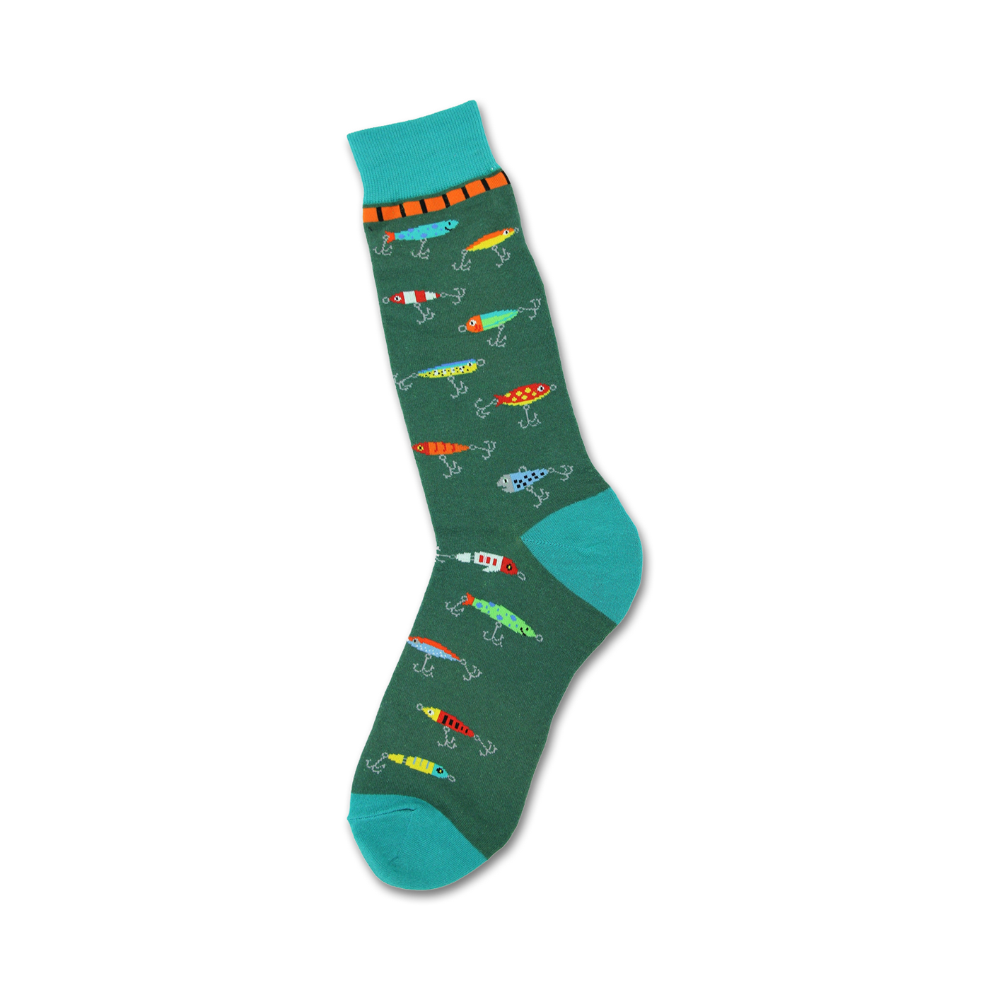 Green crew socks with a teal cuff, adorned with a pattern of colorful fishing lures and hooks.