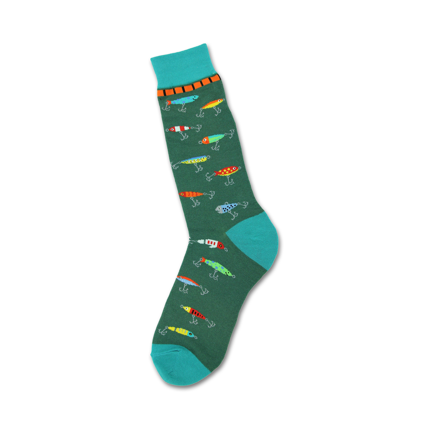 Green crew socks with a teal cuff, adorned with a pattern of colorful fishing lures and hooks.