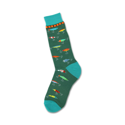 mens green and yellow crew socks with repeating pattern of 11 colored fishing lures. fishing theme novelty socks.  