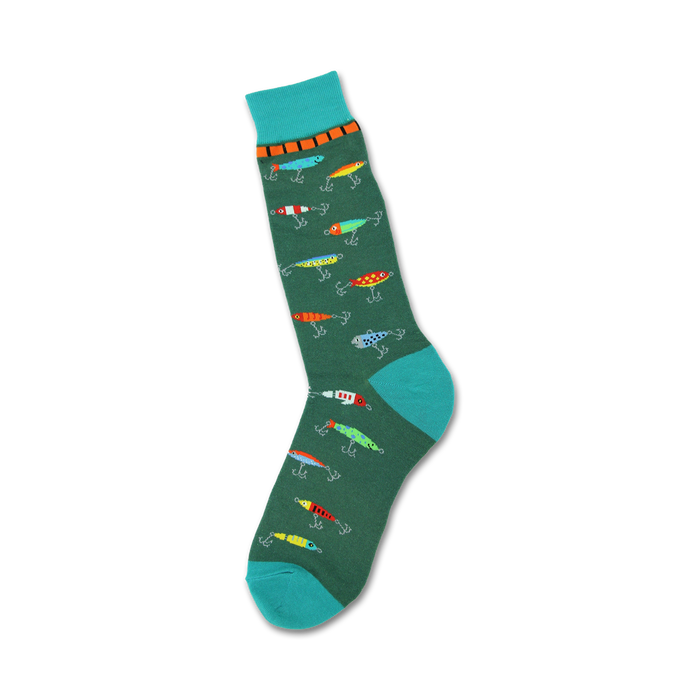 mens green and yellow crew socks with repeating pattern of 11 colored fishing lures. fishing theme novelty socks.   }}