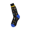 Black crew socks with colorful tool designs (hammers, saws, pliers) and a royal blue heel and toe.