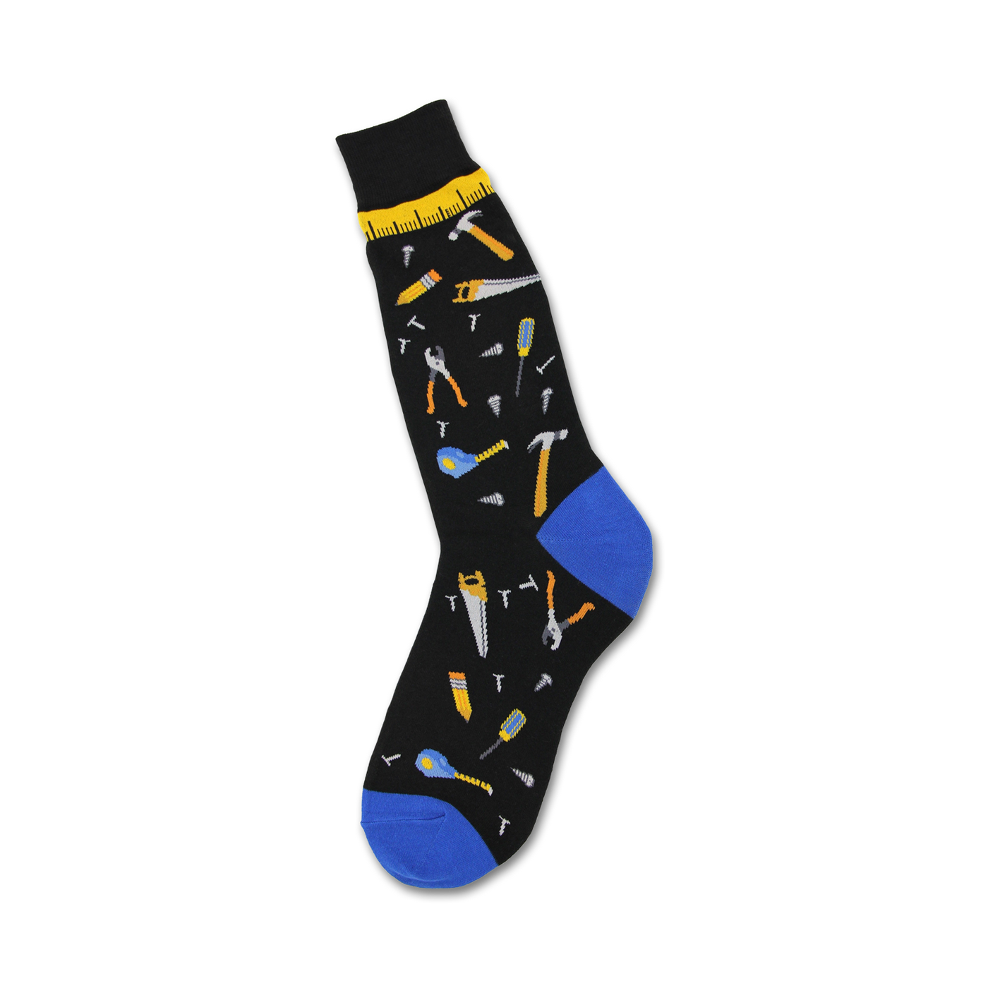 Black crew socks with colorful tool designs (hammers, saws, pliers) and a royal blue heel and toe.