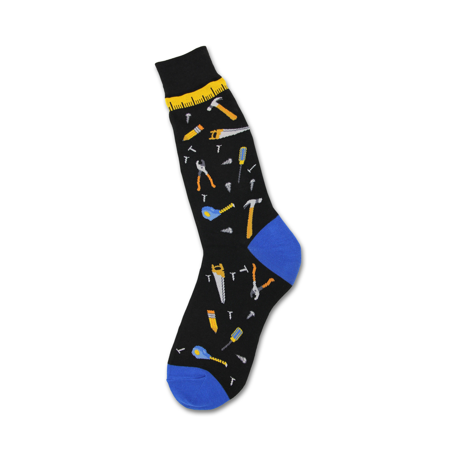 Black crew socks with colorful tool designs (hammers, saws, pliers) and a royal blue heel and toe.