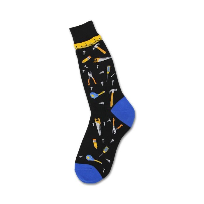 black crew socks with yellow and blue tools. great father's day gift for dads who love to fix things.    }}