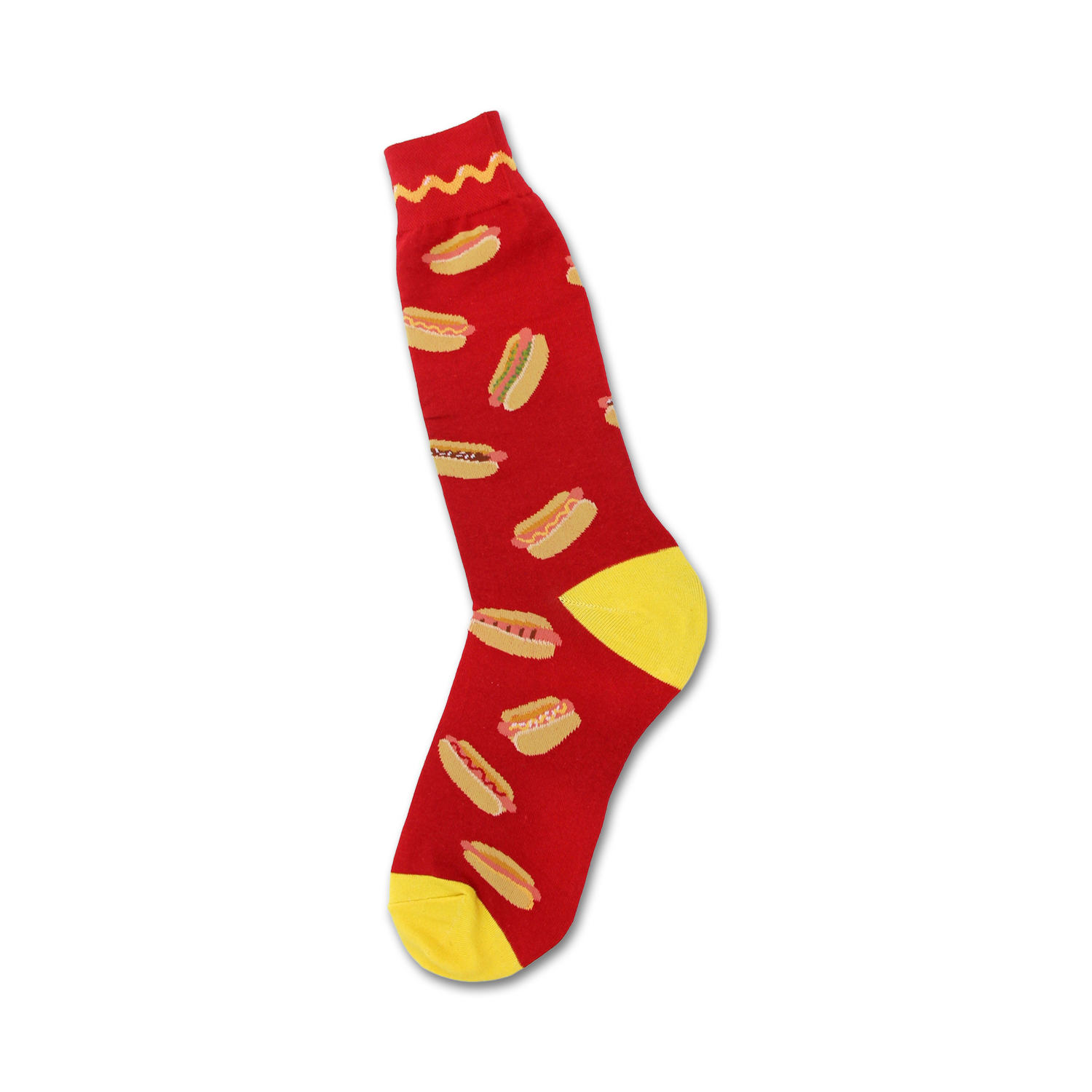 Red crew socks with a fun hot dog pattern. Yellow accents on the heel and toe. A must-have for hot dog lovers!