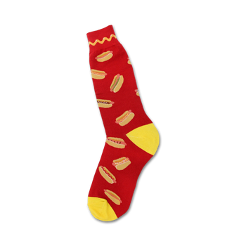red crew socks with a pattern of yellow hot dogs with brown lines and mustard detailing.   