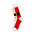 Crew socks in red and white with a black belt design, resembling Santa's suit.