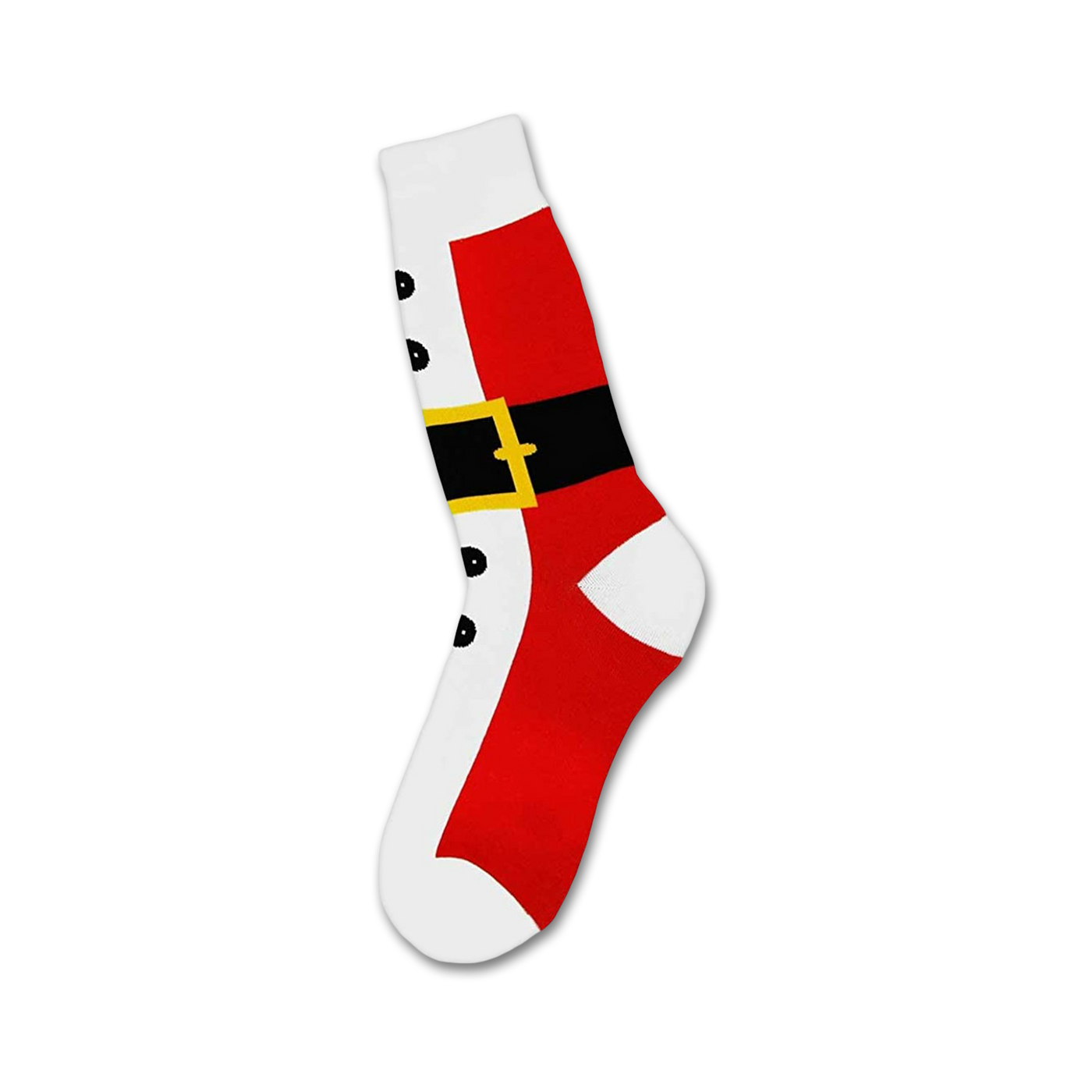 Crew socks in red and white with a black belt design, resembling Santa's suit.