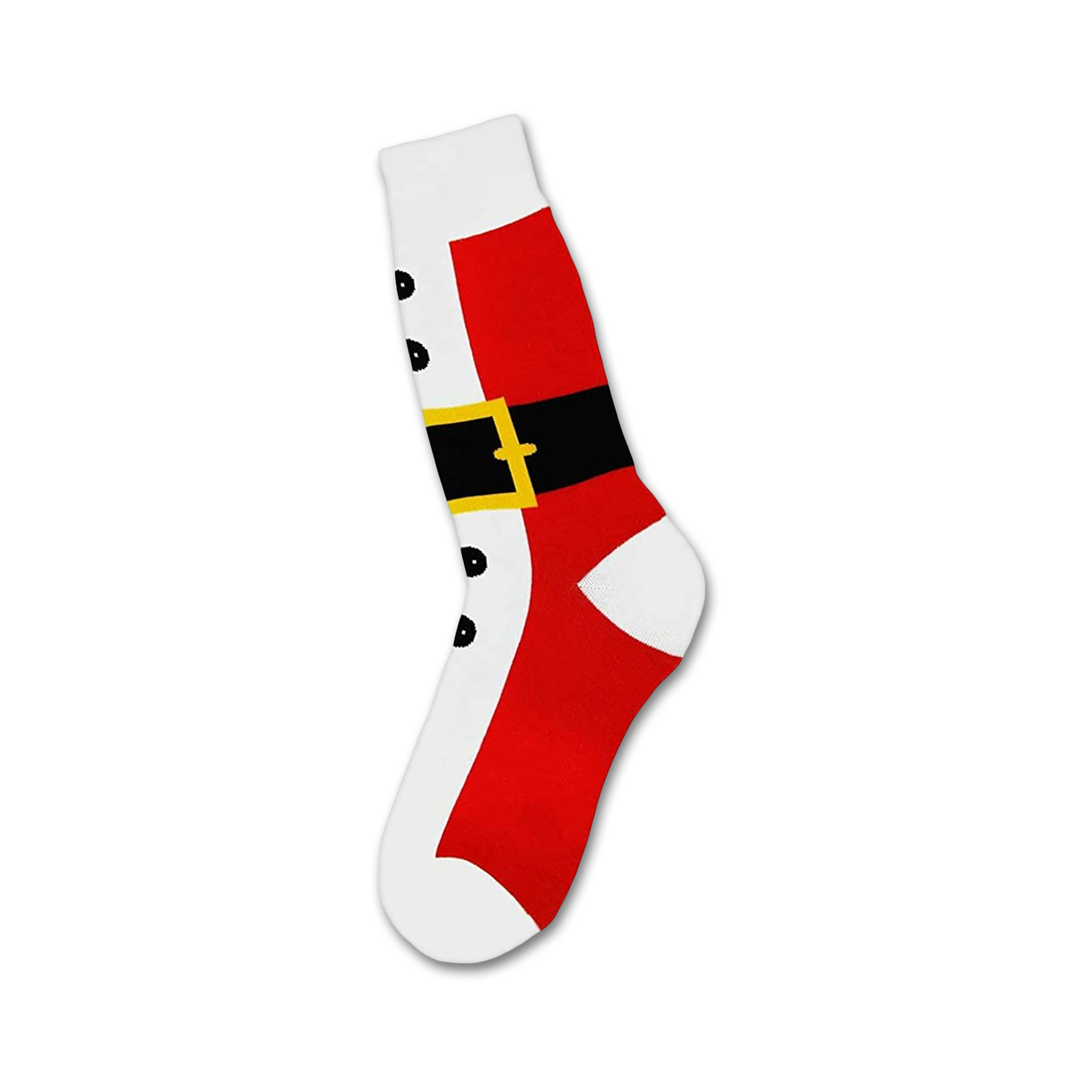 Crew socks in red and white with a black belt design, resembling Santa's suit.
