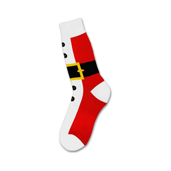 novelty socks, red with white toe and cuff, black belt with gold buckle, 3 black buttons, christmas theme, men's crew length.  