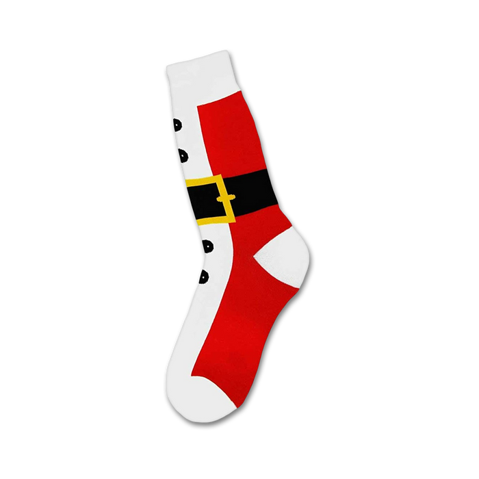 novelty socks, red with white toe and cuff, black belt with gold buckle, 3 black buttons, christmas theme, men's crew length.   }}