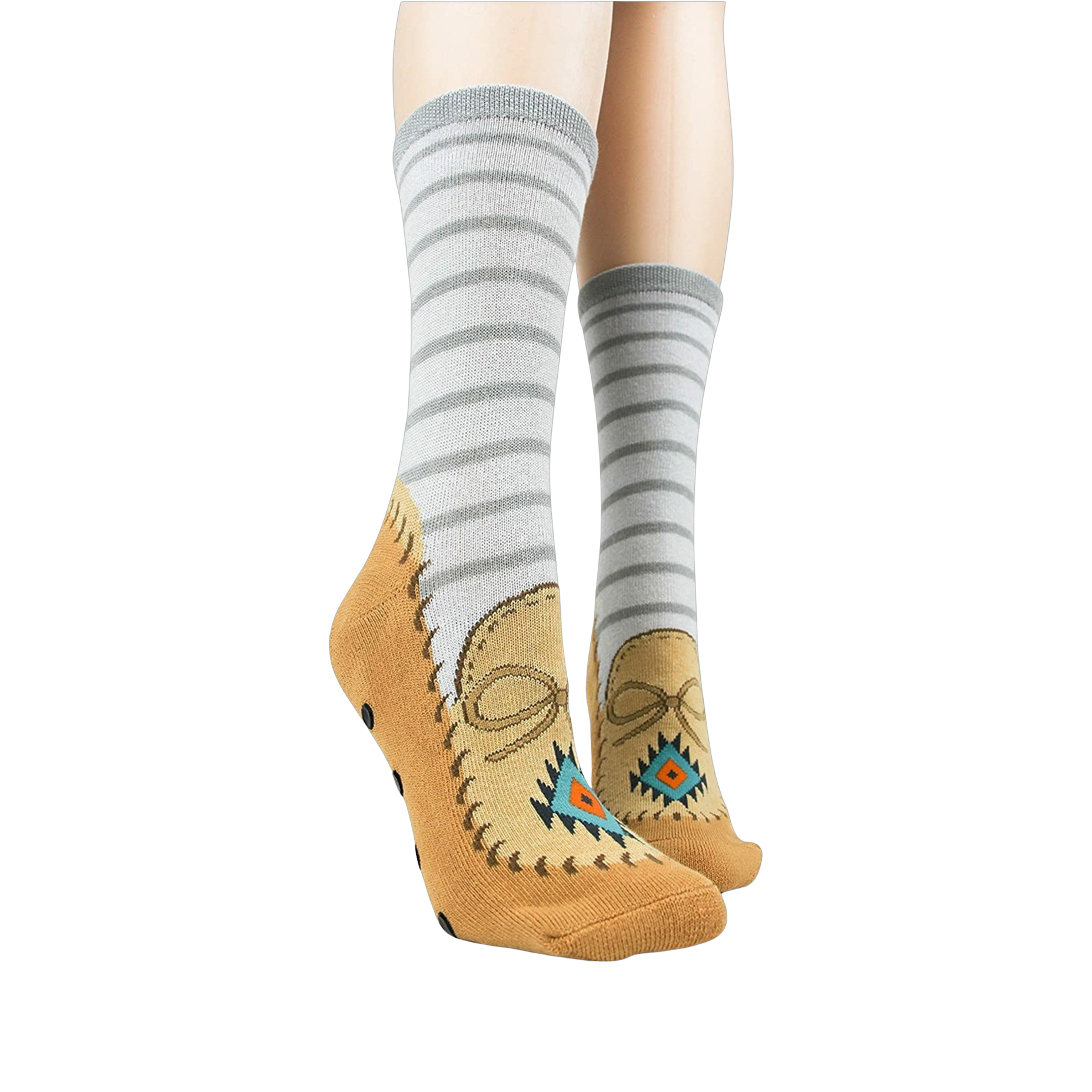 Lifestyle shot showing the moccasin slipper socks on a person's feet. Grey and tan colors are displayed.