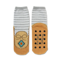 Pair of grey and tan slipper socks.  Moccasin design features on the tan bottom portion. Non-skid grips are visible on the soles.