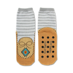 Pair of grey and tan slipper socks.  Moccasin design features on the tan bottom portion. Non-skid grips are visible on the soles.