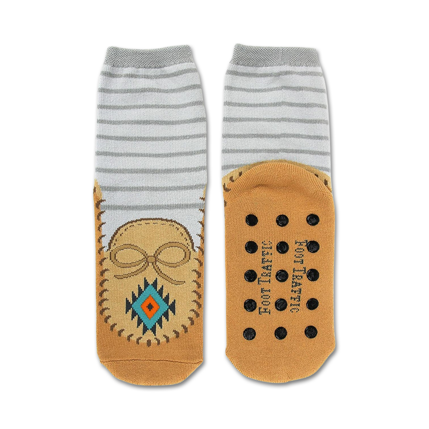 Pair of grey and tan slipper socks.  Moccasin design features on the tan bottom portion. Non-skid grips are visible on the soles.