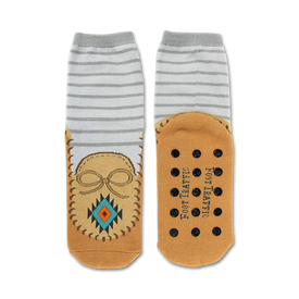  brown and gray striped crew socks with moccasin design and rubber tread for non-slip support.  