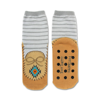 moccasin non-skid slipper shoe themed womens brown novelty crew socks