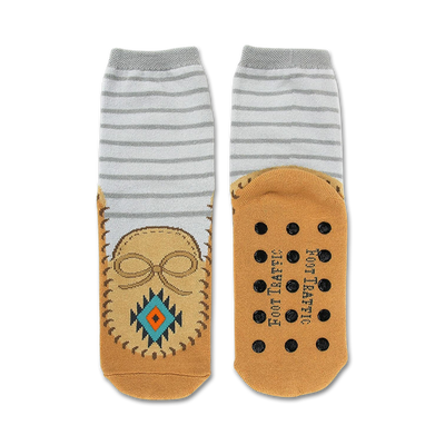  brown and gray striped crew socks with moccasin design and rubber tread for non-slip support.  