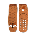 Brown crew socks with a cute fox face and tail design.  Non-skid grips on the bottom. 