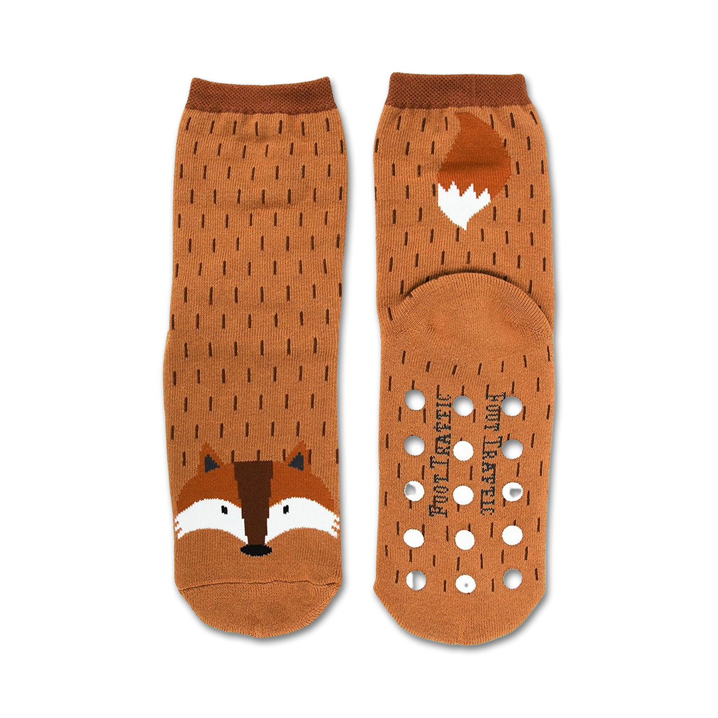Brown crew socks with a cute fox face and tail design.  Non-skid grips on the bottom. 