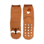 Brown crew socks with a cute fox face and tail design.  Non-skid grips on the bottom. 