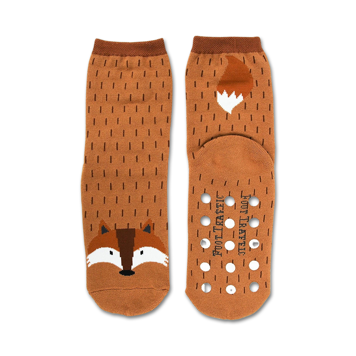 Brown crew socks with a cute fox face and tail design.  Non-skid grips on the bottom. 